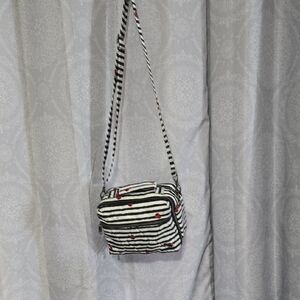 Striped Black and White Women's Bag with Red Accents